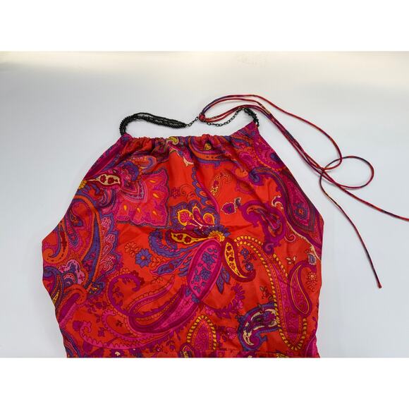 Lauren Ralph Lauren Silk Halter Dress Size 10 Red Paisley Boho Beaded Neckline - Picture 3 of 5
